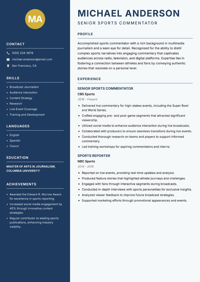 Sports Commentator Resume Preview Example