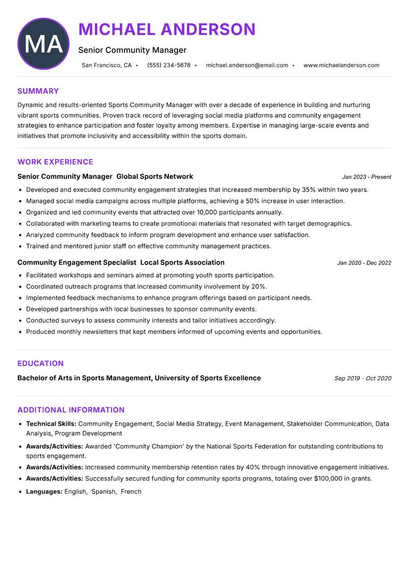 Sports Community Manager Resume Preview Example