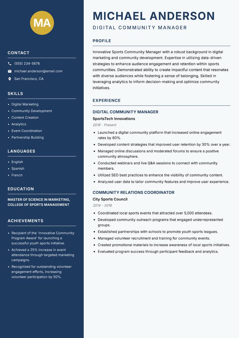 Sports Community Manager Resume Preview Example