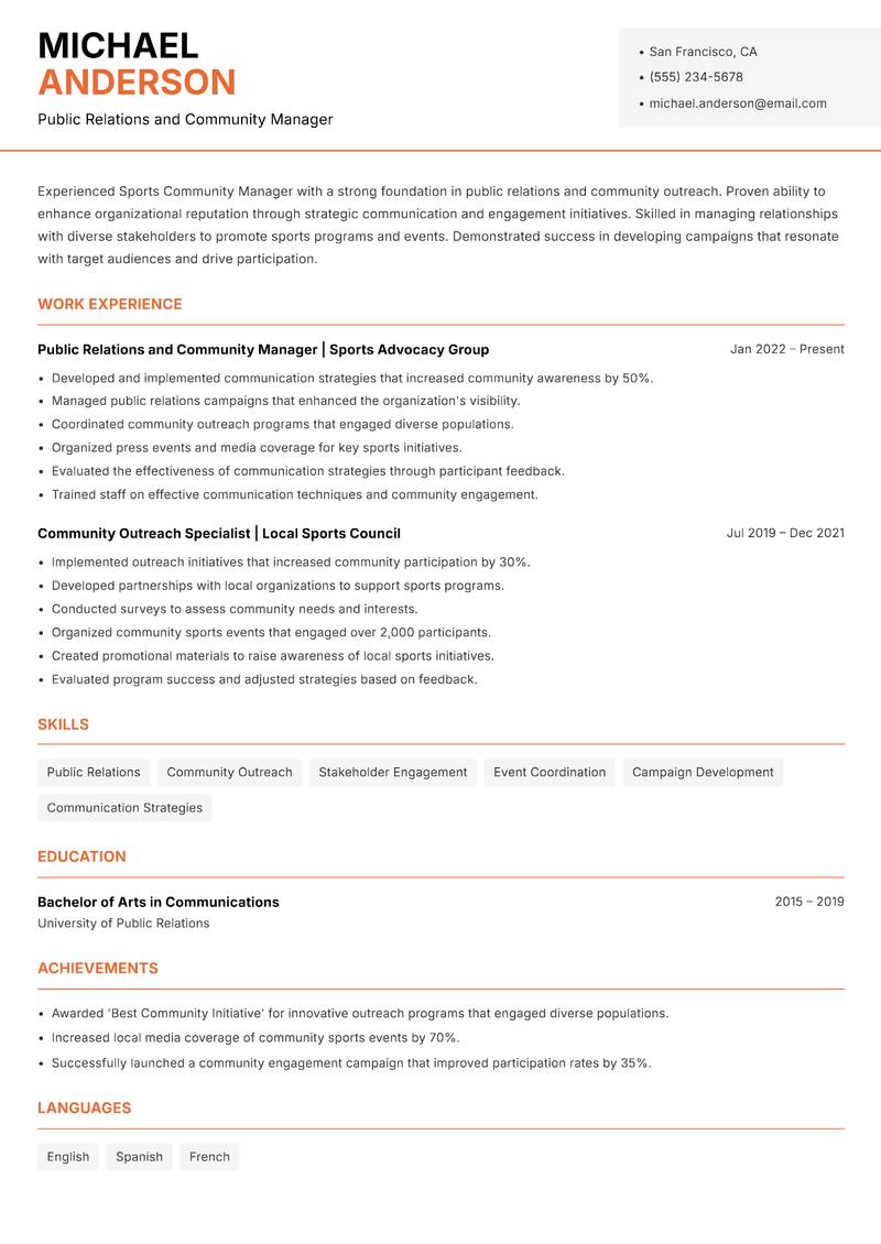 Sports Community Manager Resume Template