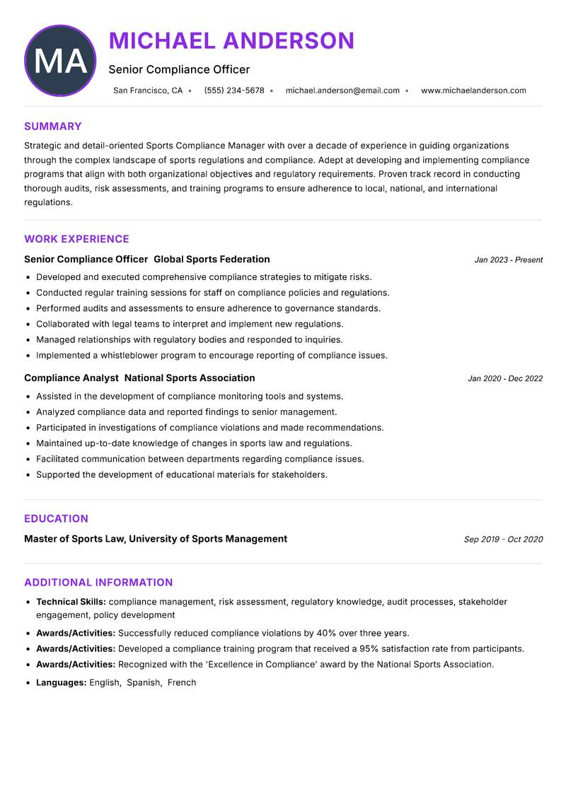 Sports Compliance Manager Resume Preview Example