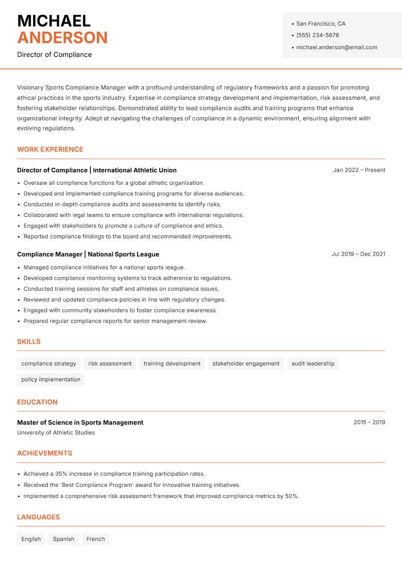 Sports Compliance Manager Resume Template