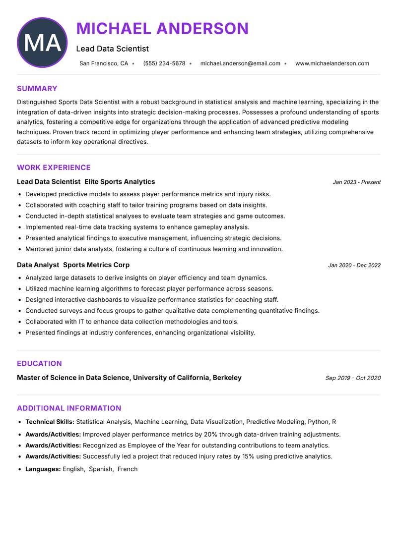 Sports Data Scientist Resume Preview Example