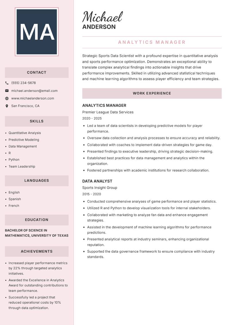 Sports Data Scientist Resume Preview Example