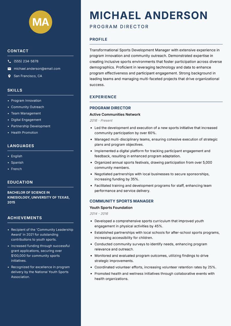 Sports Development Manager Resume Preview Example