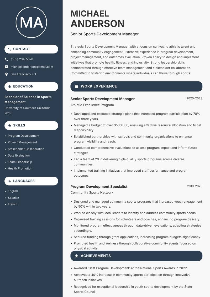 Sports Development Manager Resume Preview Example