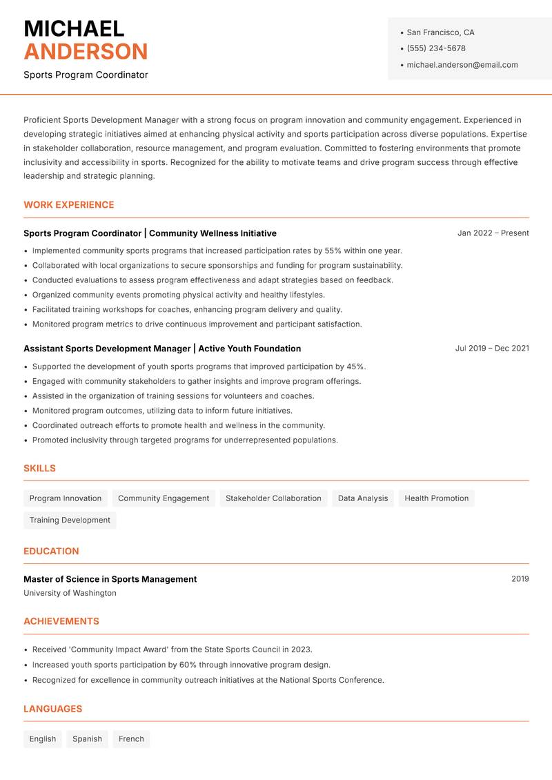 Sports Development Manager Resume Template