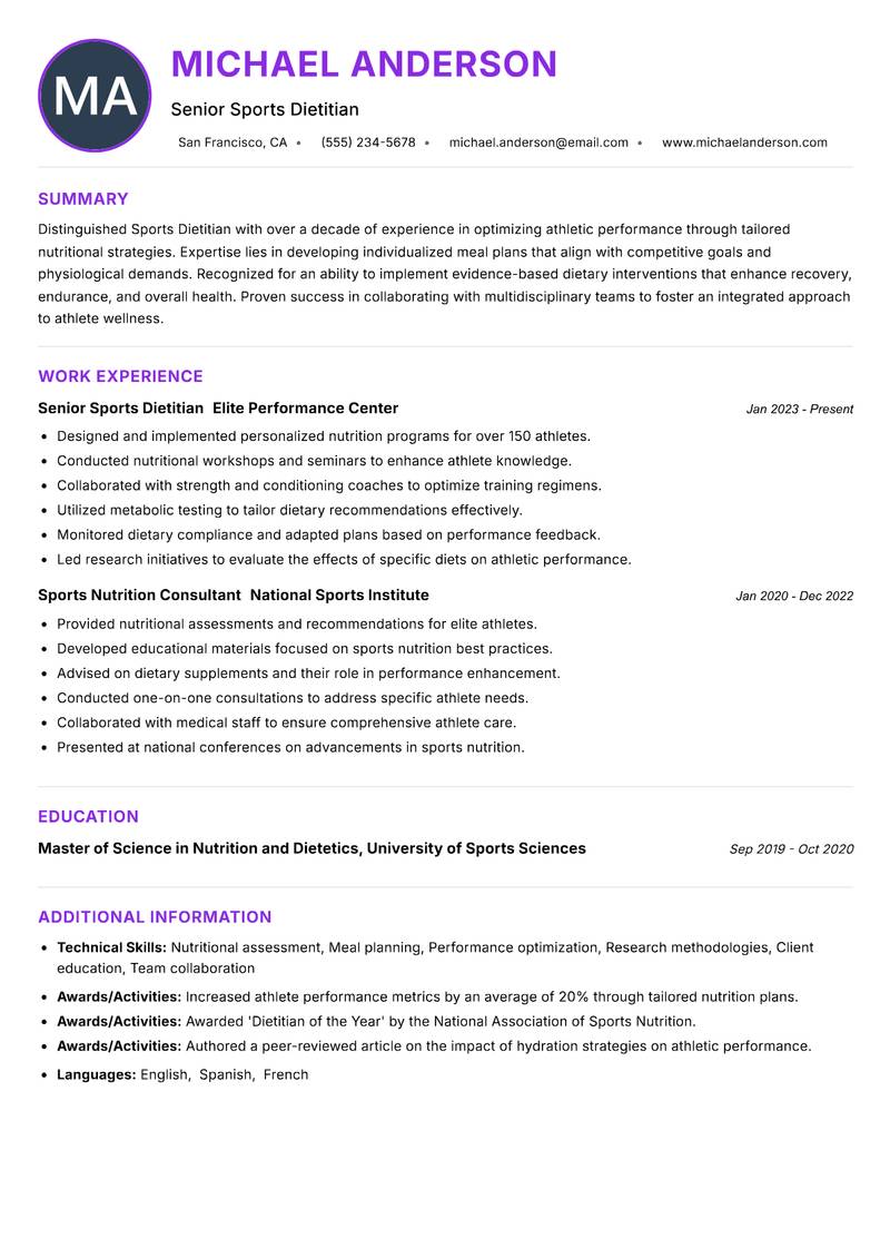 Sports Dietitian Resume Preview Example