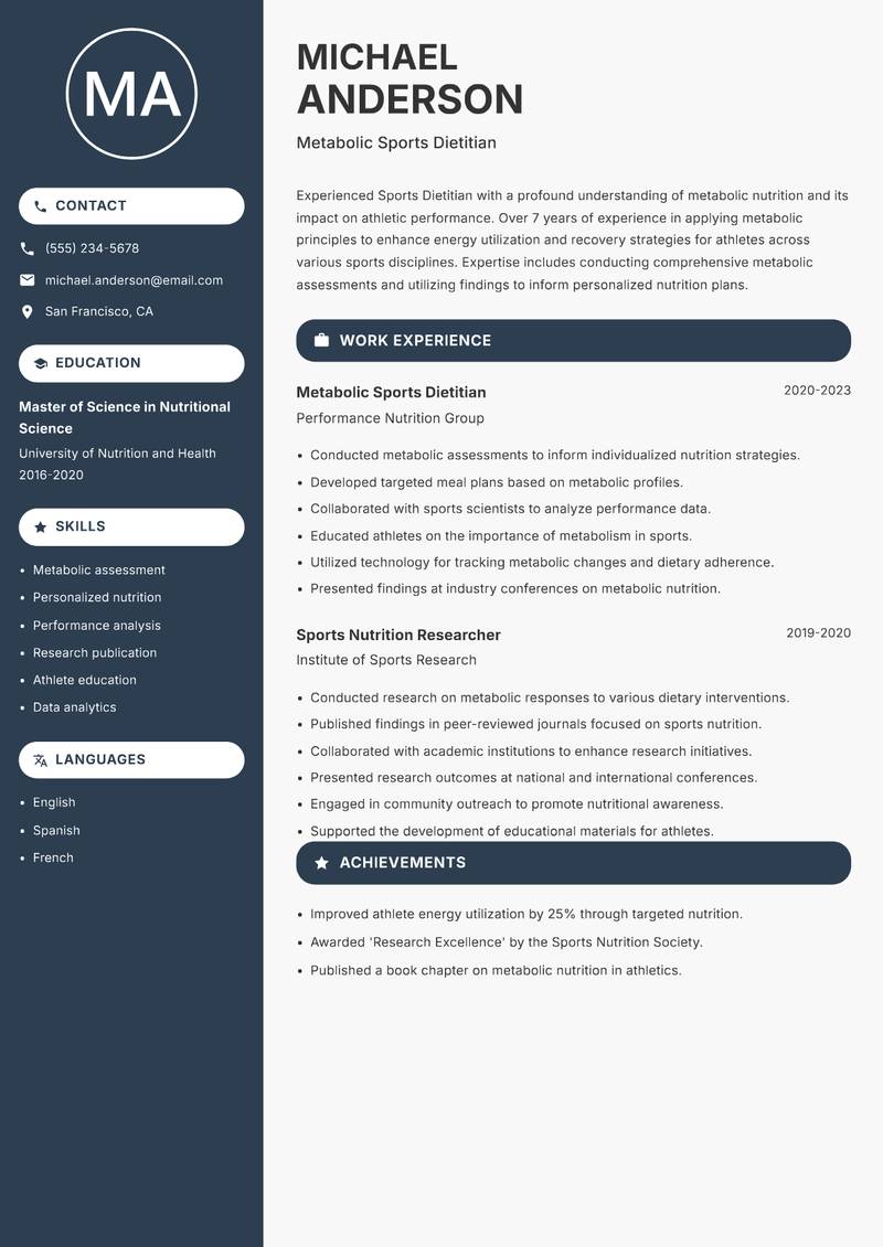 Sports Dietitian Resume Preview Example