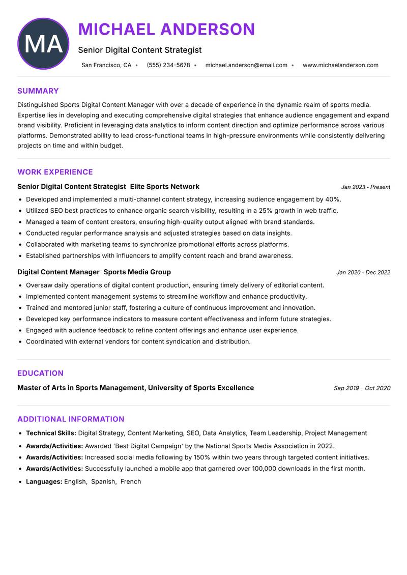 Sports Digital Content Manager Resume Preview Example