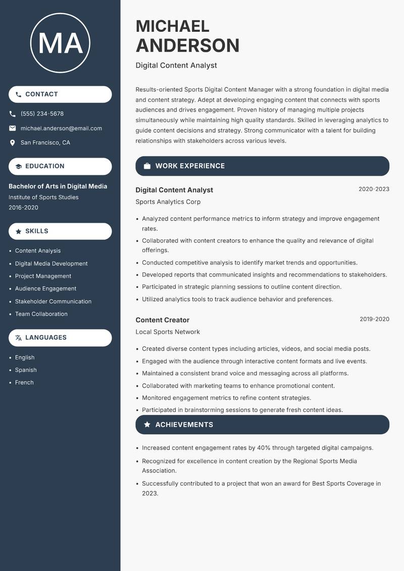 Sports Digital Content Manager Resume Preview Example