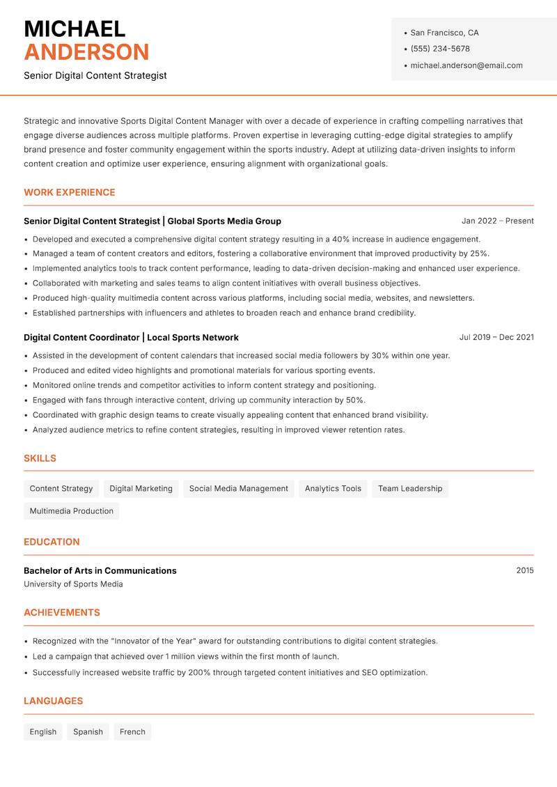 Sports Digital Content Manager Resume Template