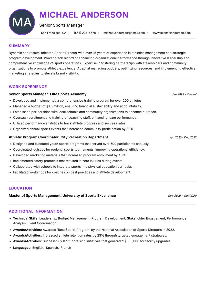 Sports Director Resume Preview Example