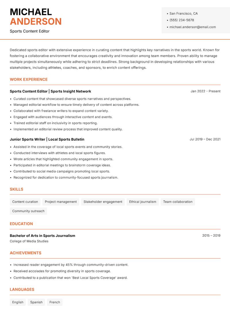 Sports Editor Resume Template