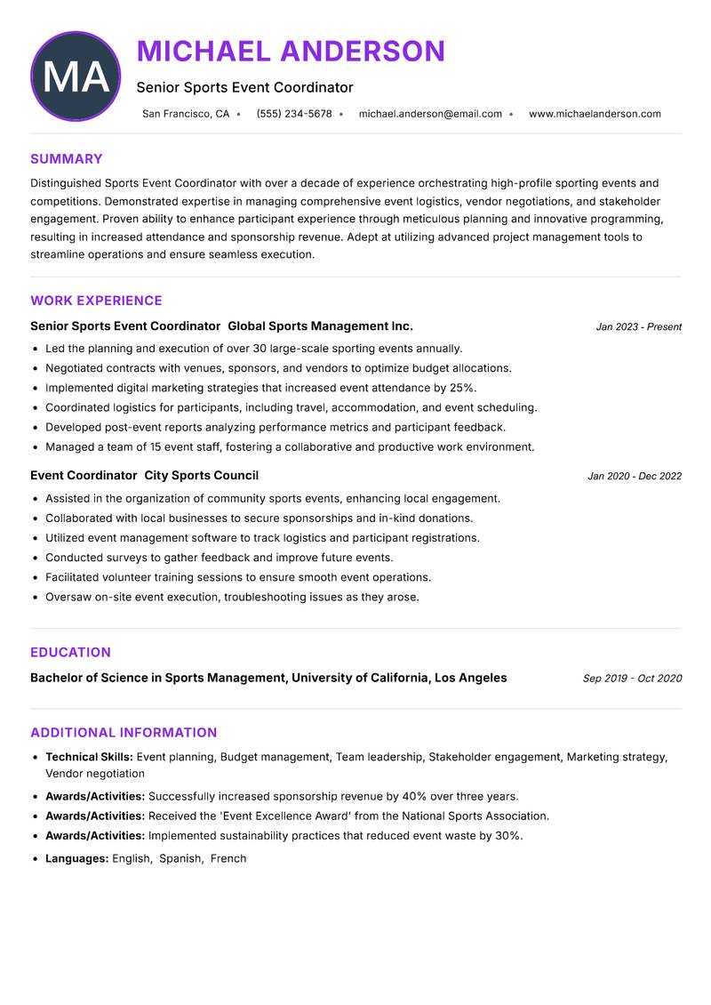 Sports Event Coordinator Resume Preview Example
