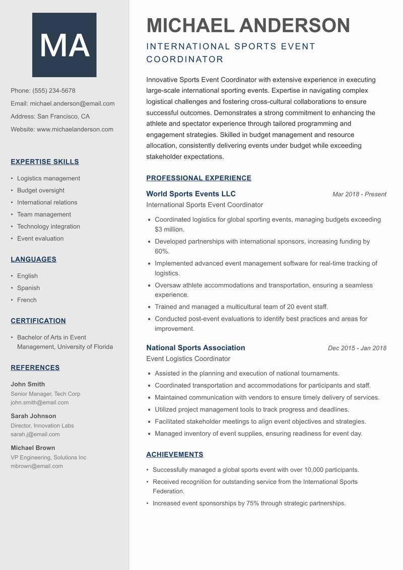Sports Event Coordinator Resume Preview Example