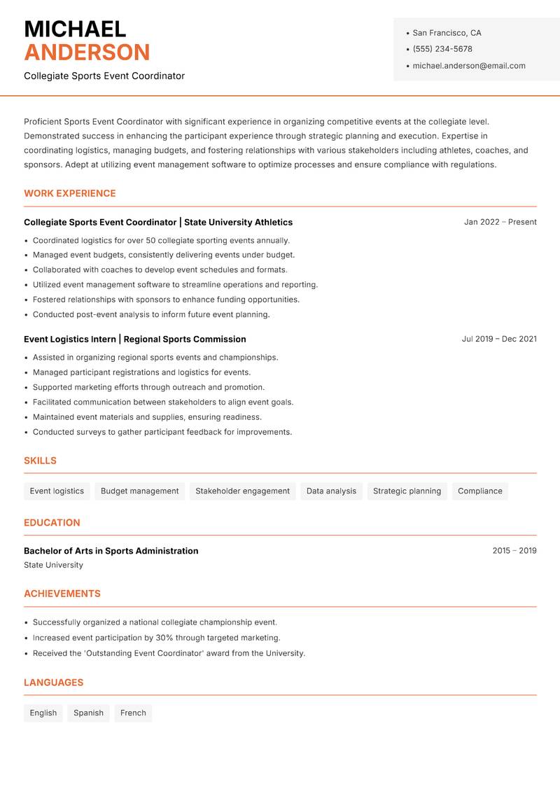 Sports Event Coordinator Resume Template