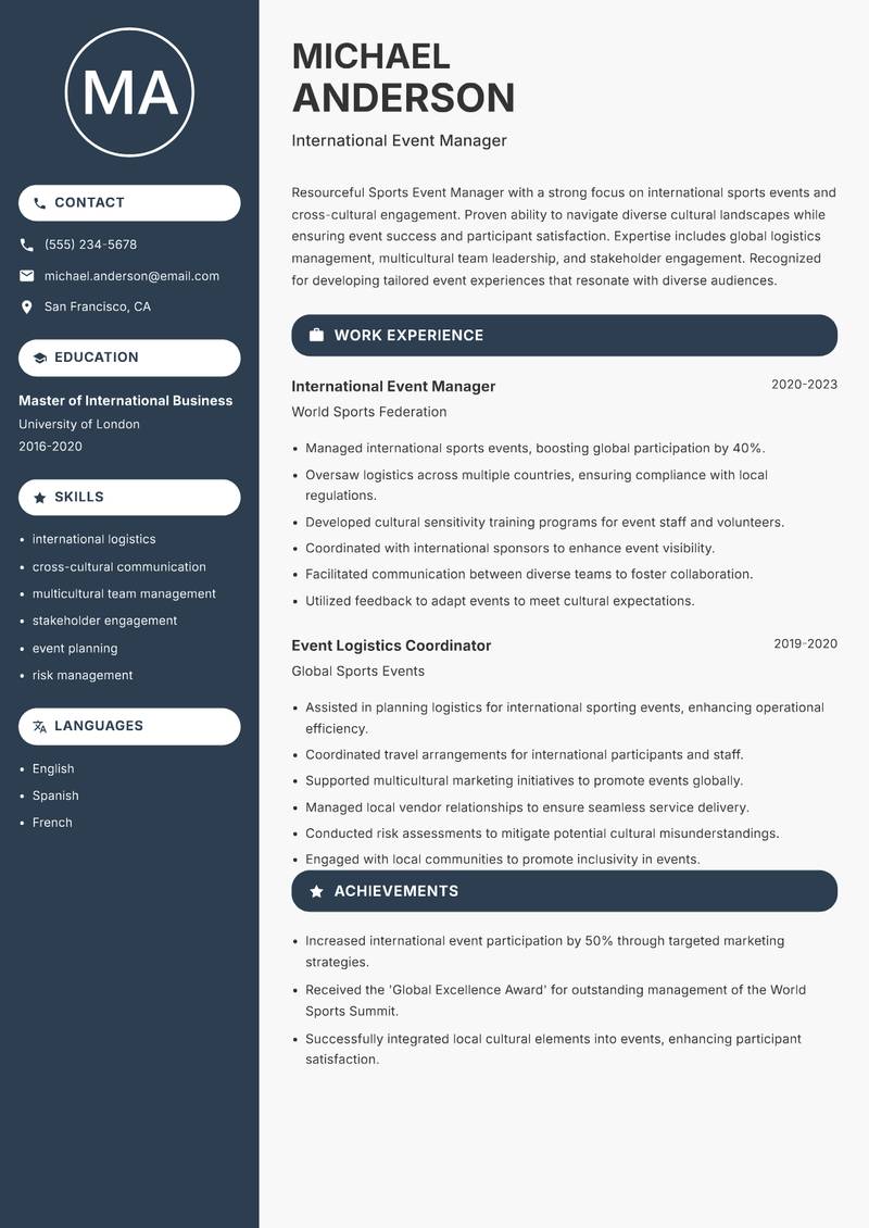 Sports Event Manager Resume Preview Example