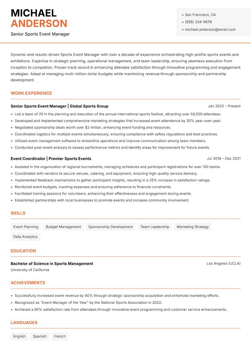 Sports Event Manager Resume Template