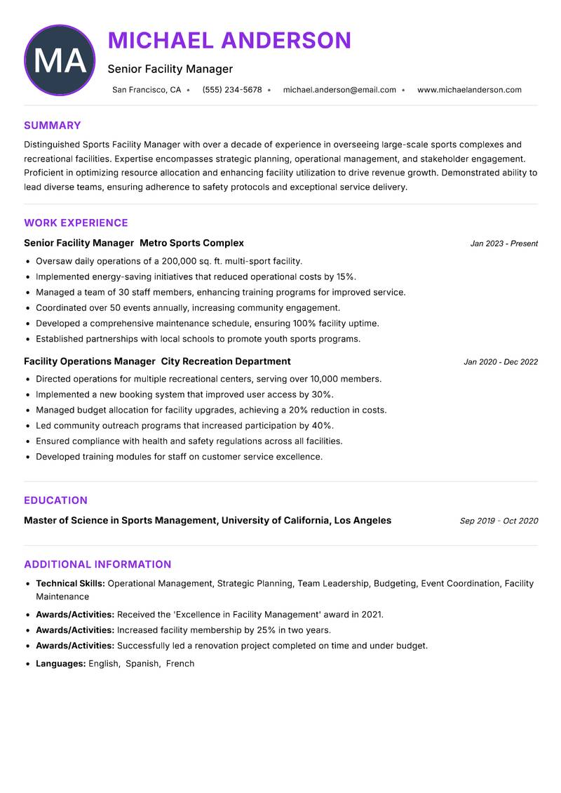 Sports Facility Manager Resume Preview Example