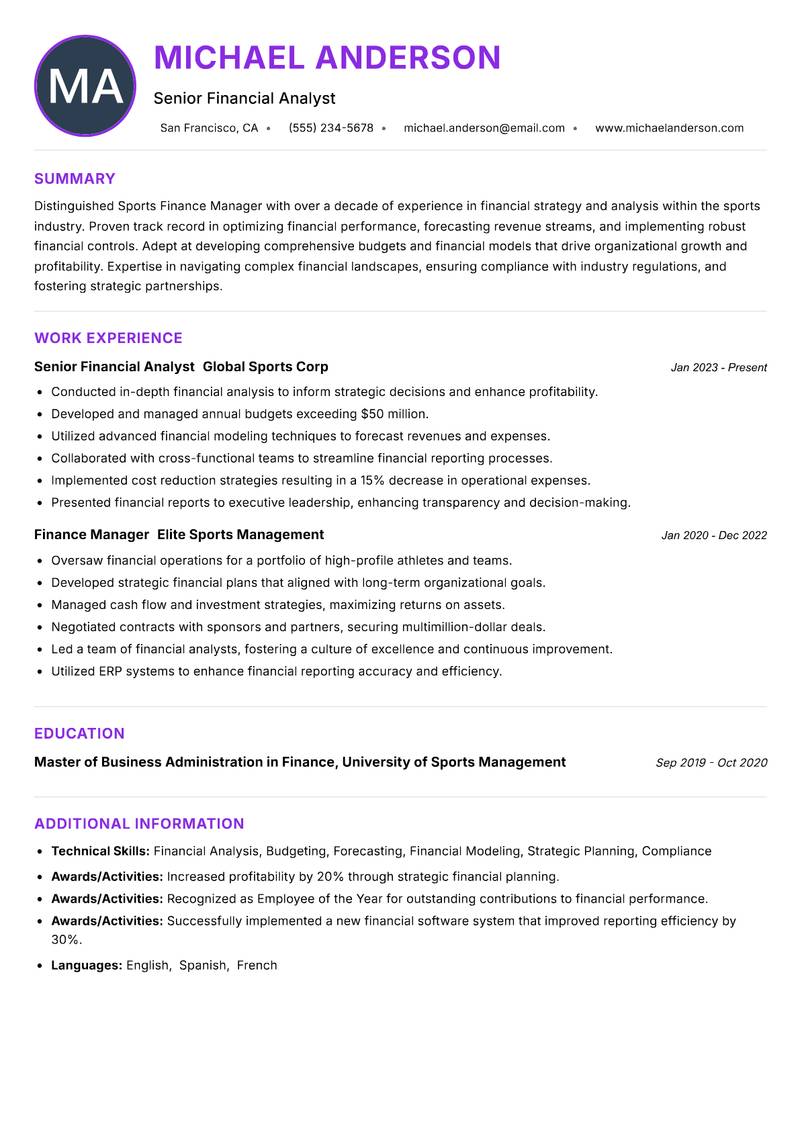 Sports Finance Manager Resume Preview Example