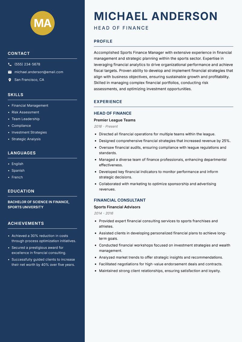 Sports Finance Manager Resume Preview Example