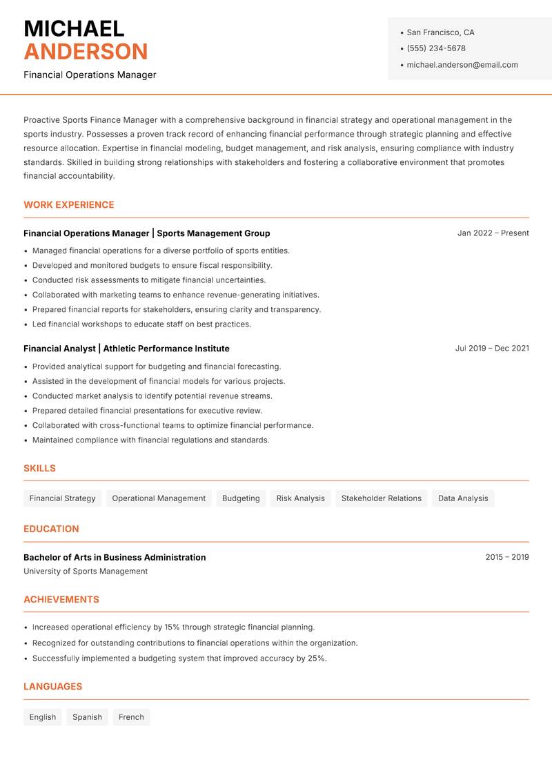 Sports Finance Manager Resume Template