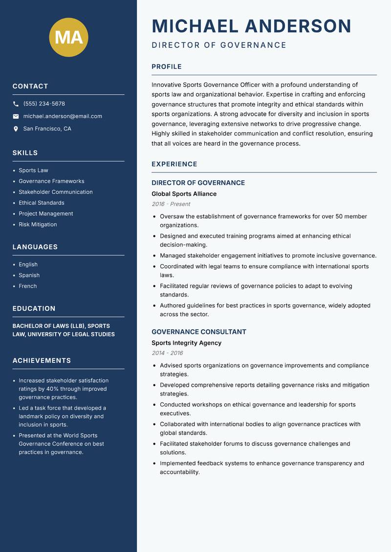 Sports Governance Officer Resume Preview Example