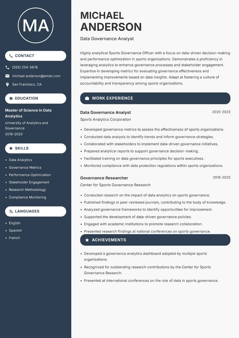 Sports Governance Officer Resume Preview Example