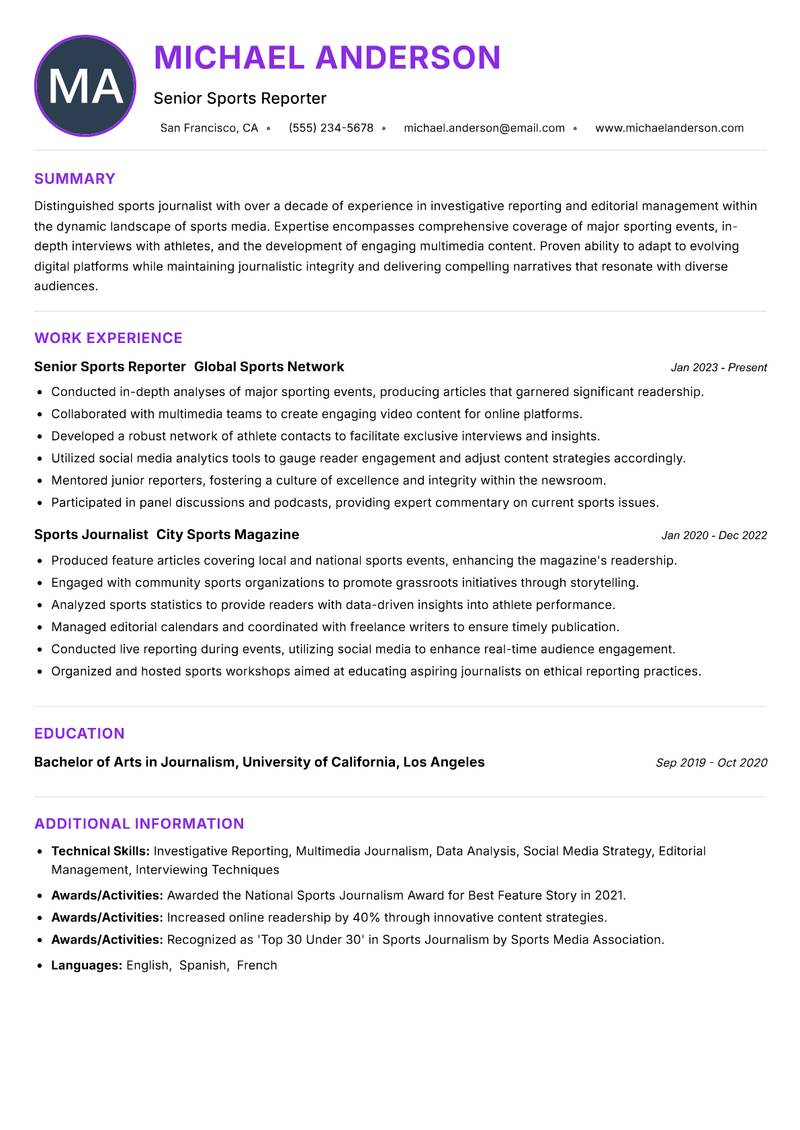 Sports Journalist Resume Preview Example