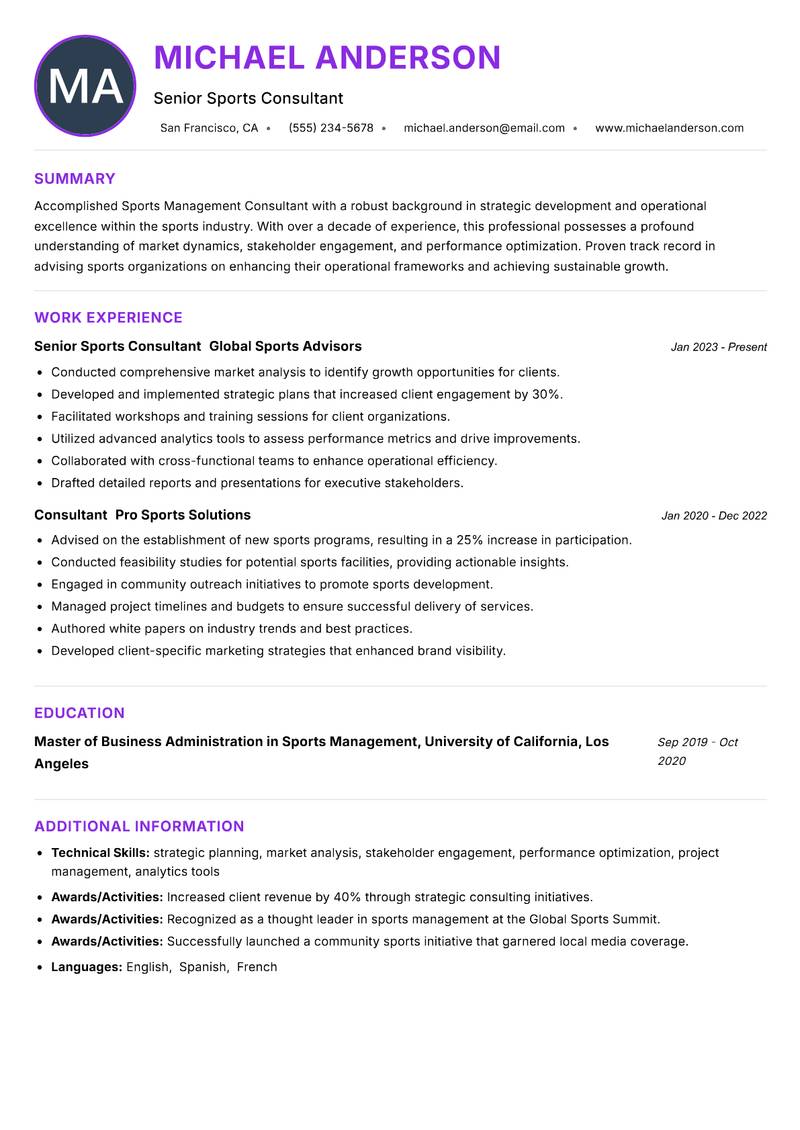 Sports Management Consultant Resume Preview Example