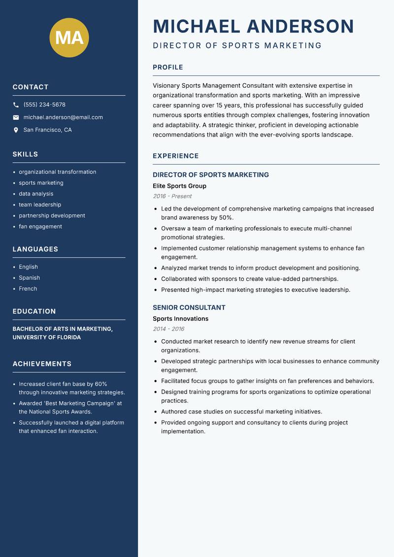 Sports Management Consultant Resume Preview Example