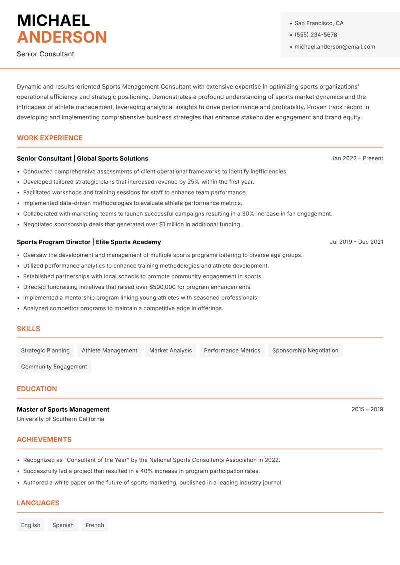 Sports Management Consultant Resume Template