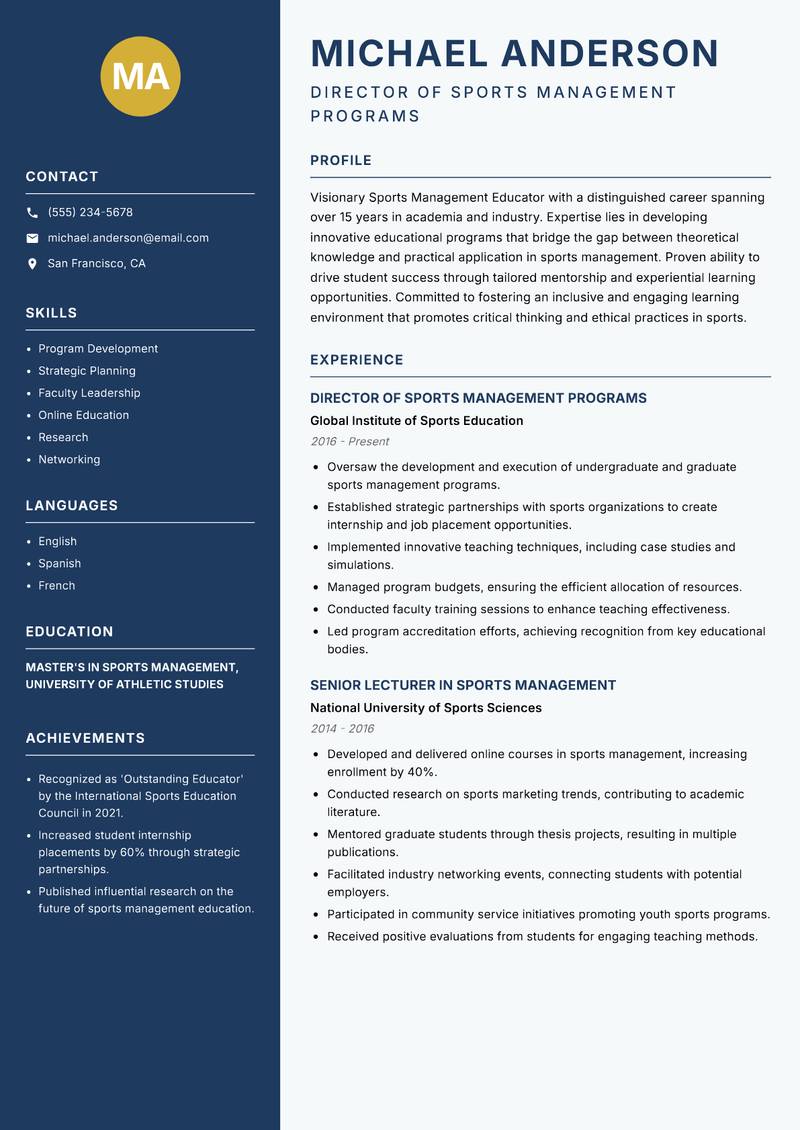 Sports Management Educator Resume Preview Example
