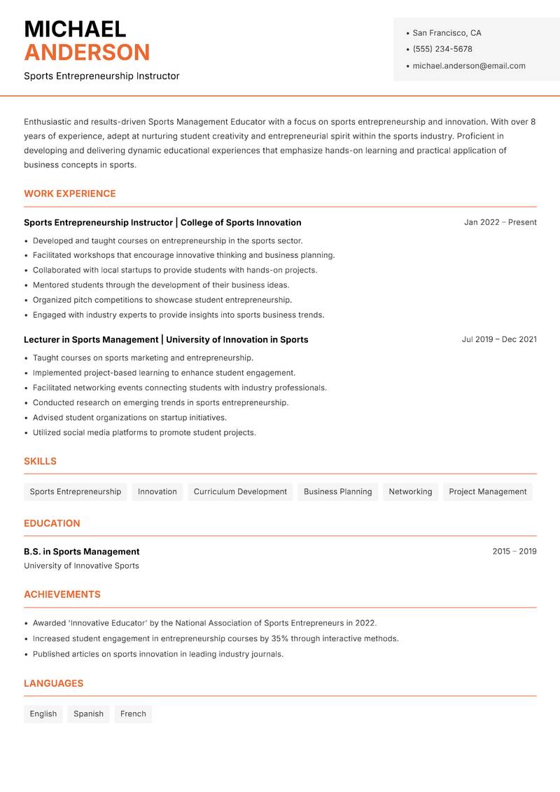 Sports Management Educator Resume Template