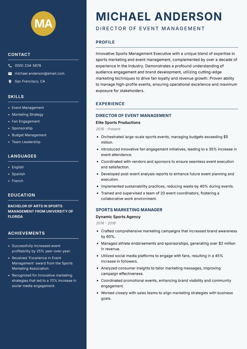 Sports Management Executive Resume Preview Example