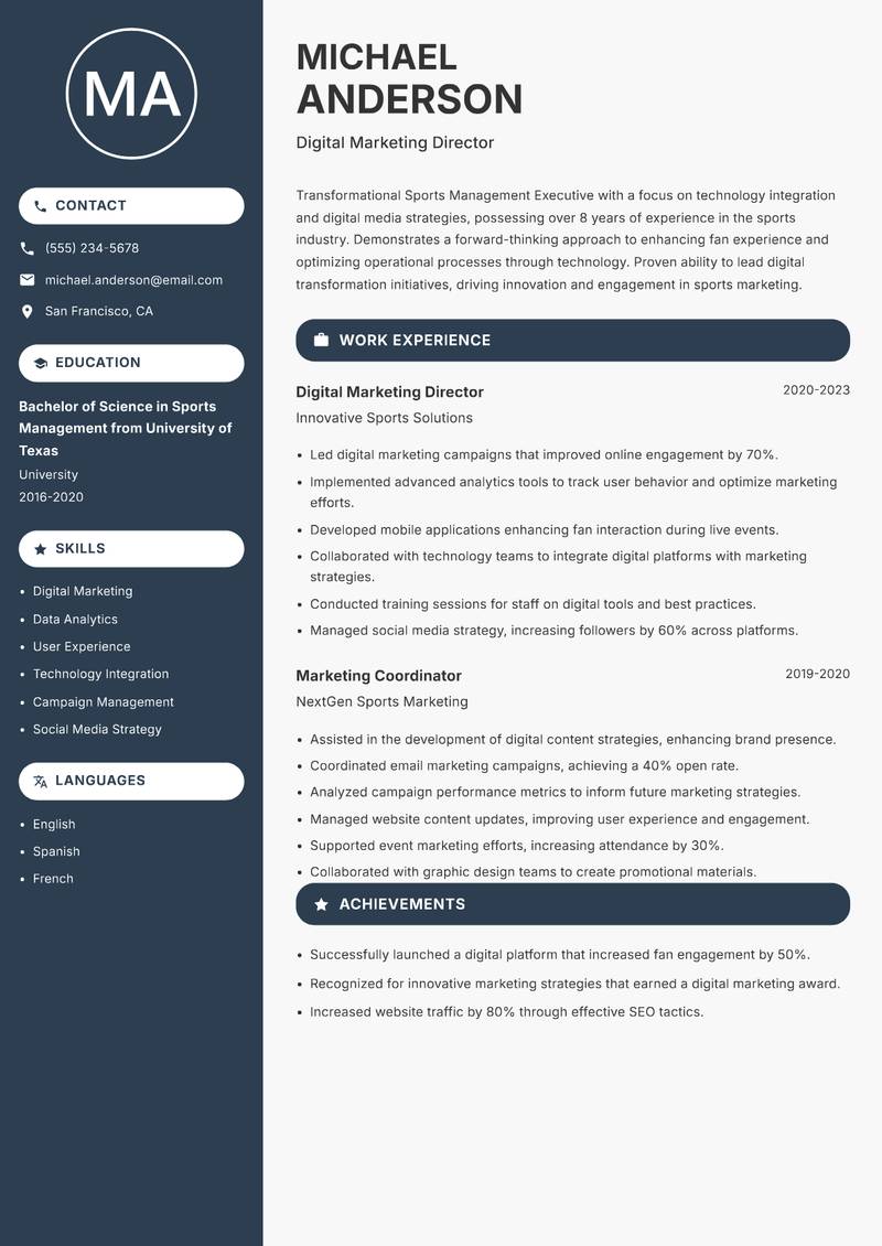Sports Management Executive Resume Preview Example
