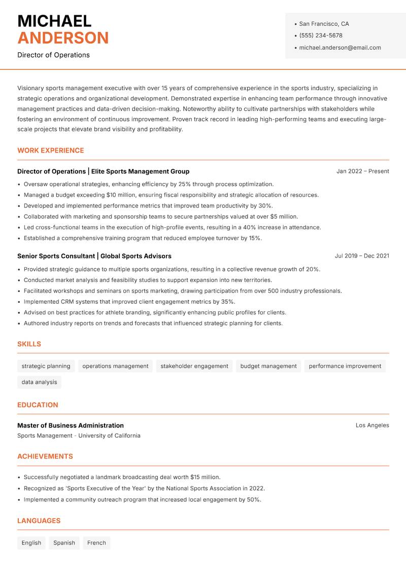 Sports Management Executive Resume Template