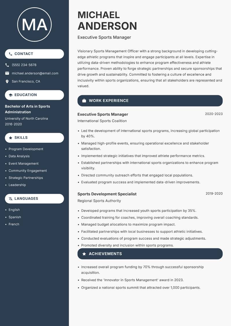 Sports Management Officer Resume Preview Example