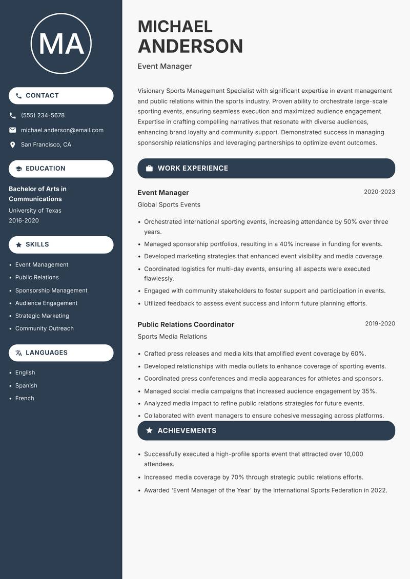 Sports Management Specialist Resume Preview Example