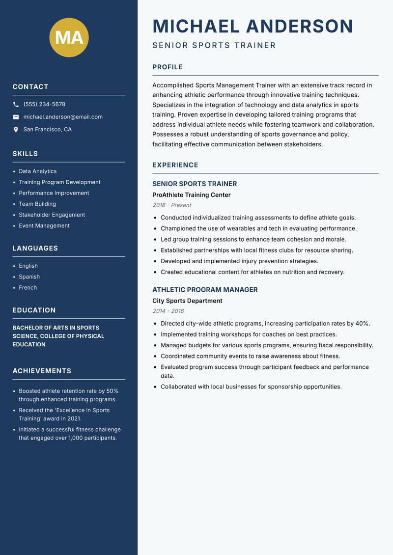 Sports Management Trainer Resume Preview Example