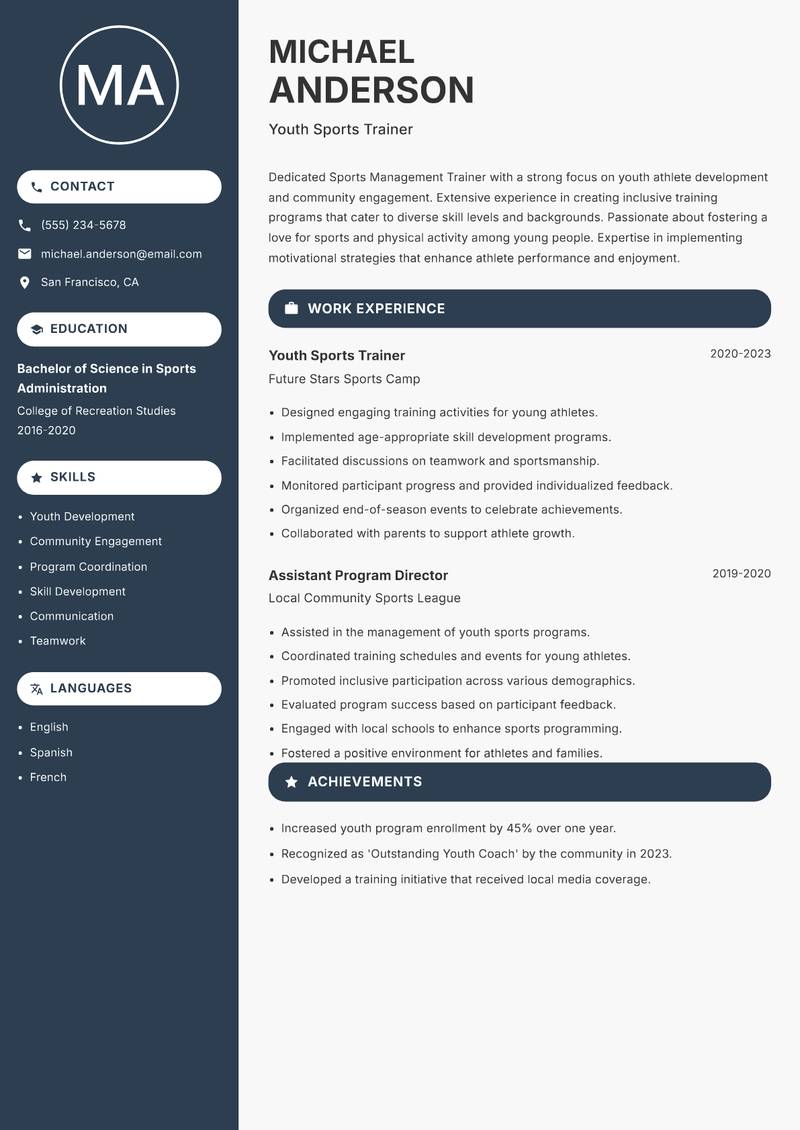 Sports Management Trainer Resume Preview Example