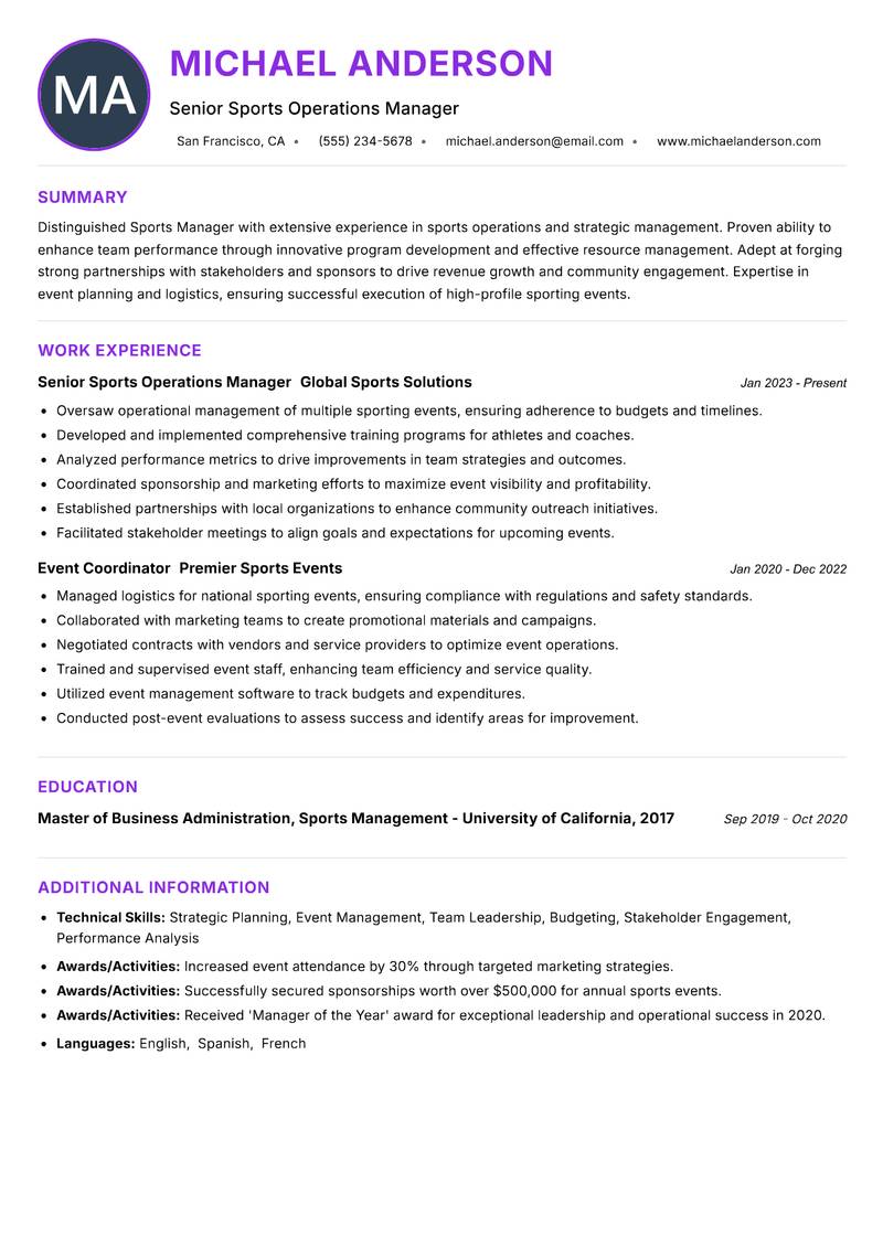 Sports Manager Resume Preview Example