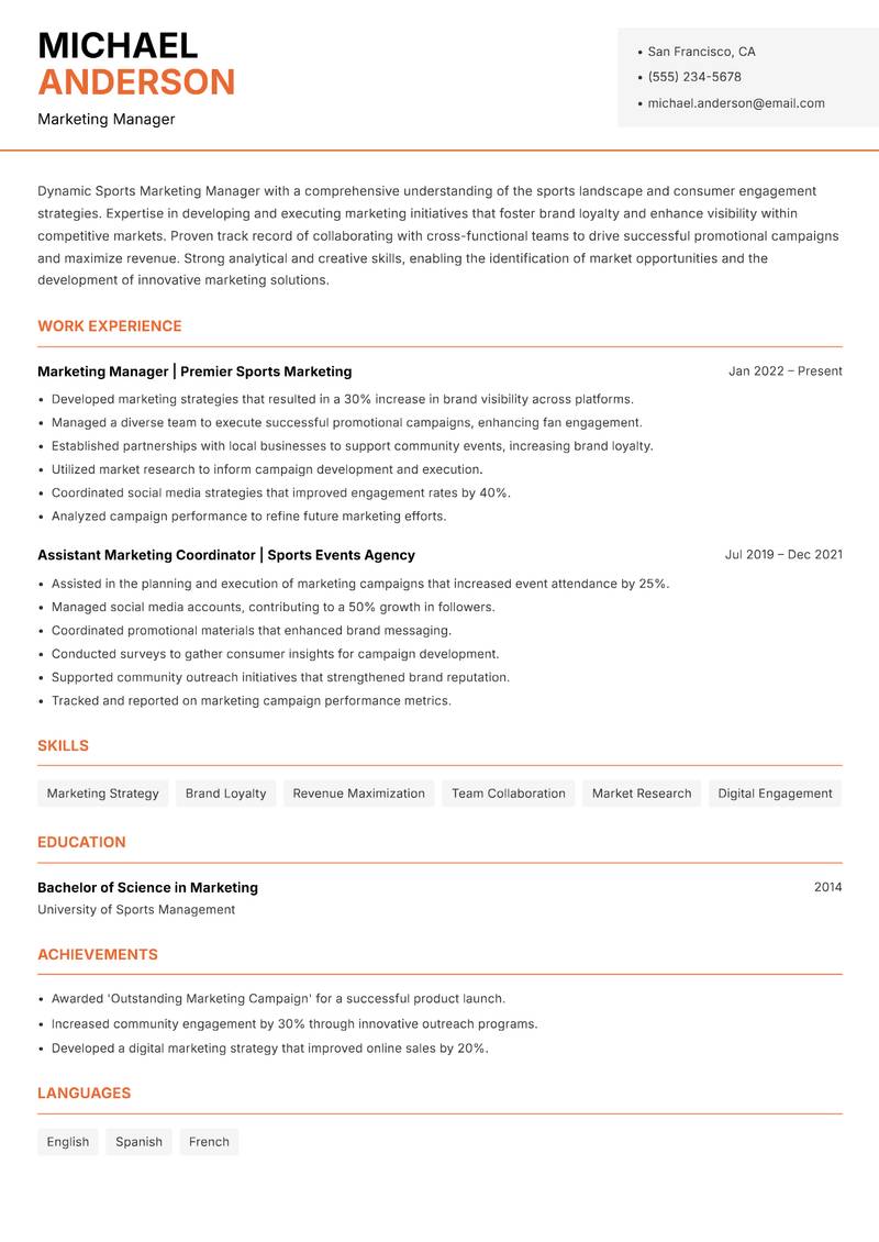Sports Marketing Manager Resume Template