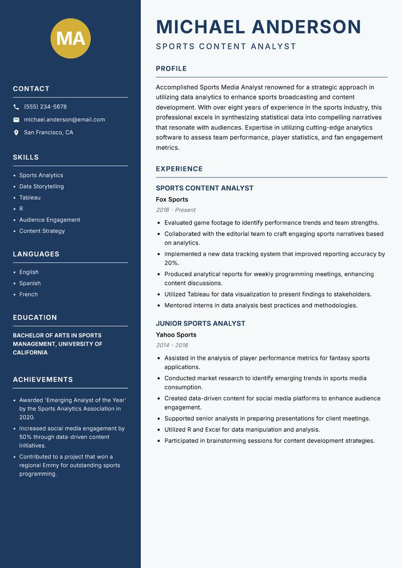 Sports Media Analyst Resume Preview Example