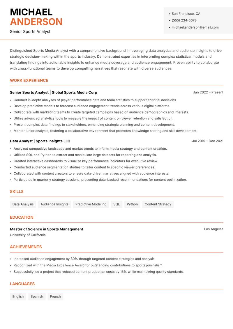 Sports Media Analyst Resume Template