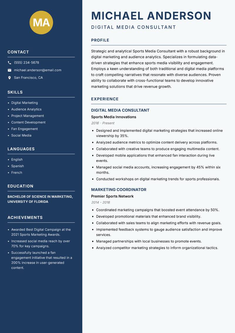 Sports Media Consultant Resume Preview Example