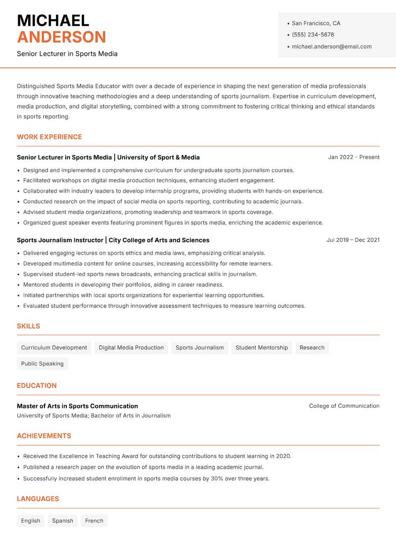 Sports Media Educator Resume Template