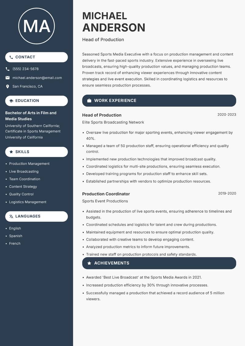 Sports Media Executive Resume Preview Example