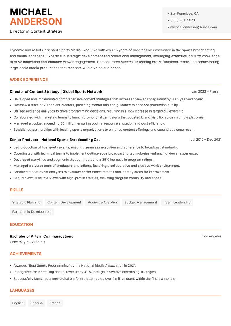 Sports Media Executive Resume Template